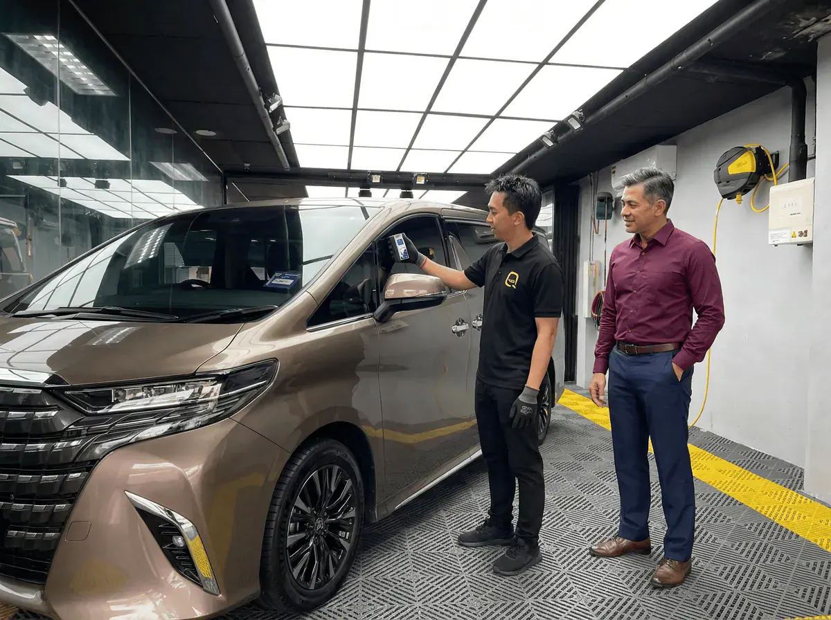 Pemeriksaan cermin dan semakan VLT semasa pemasangan tinted pada Toyota Alphard