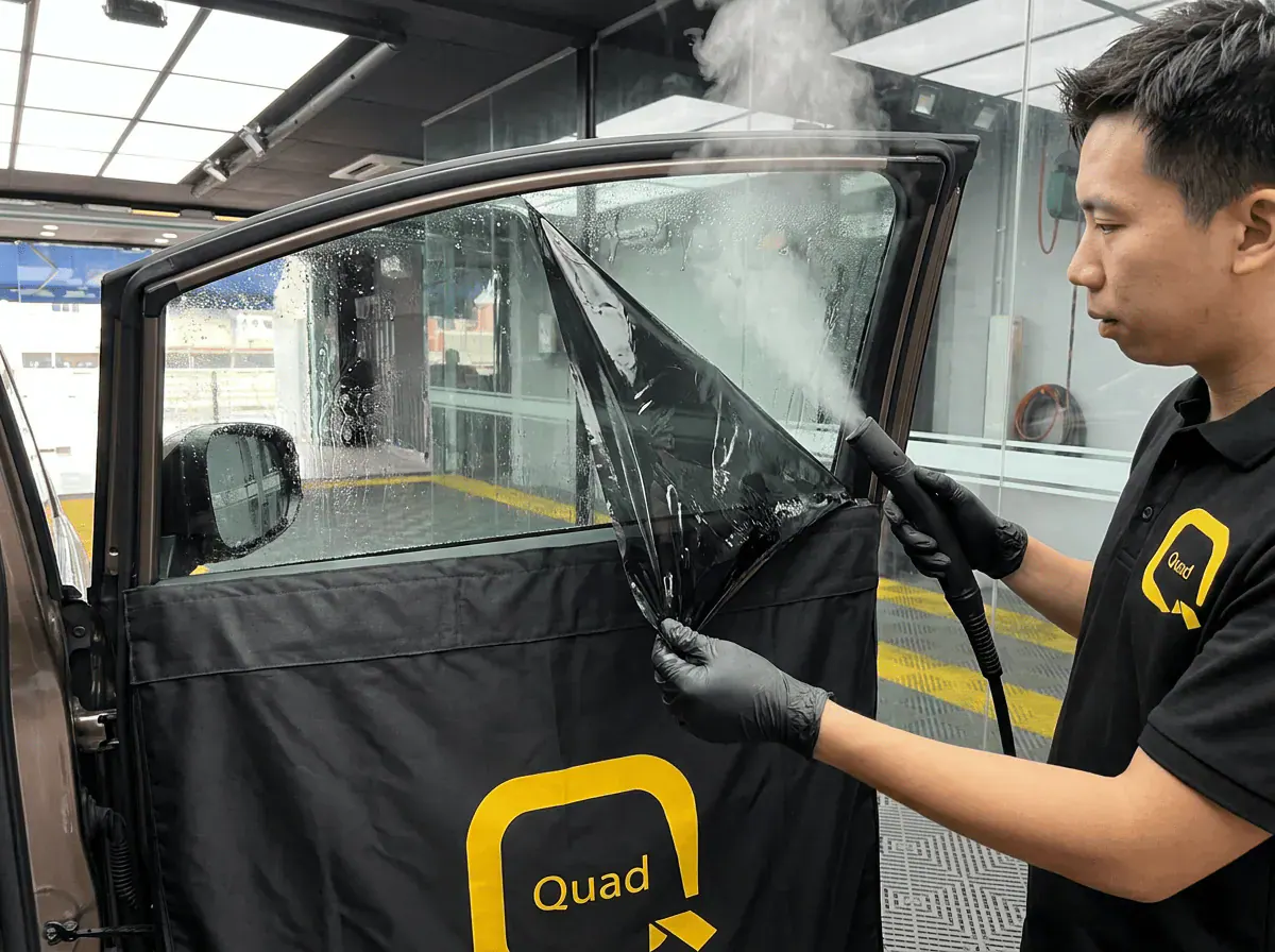 Menanggalkan tinted lama semasa pemasangan tinted pada Toyota Alphard