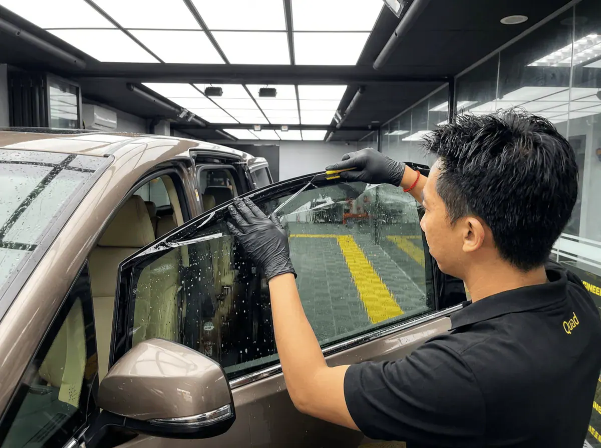 Pemotongan filem tepat semasa pemasangan tinted pada Toyota Alphard