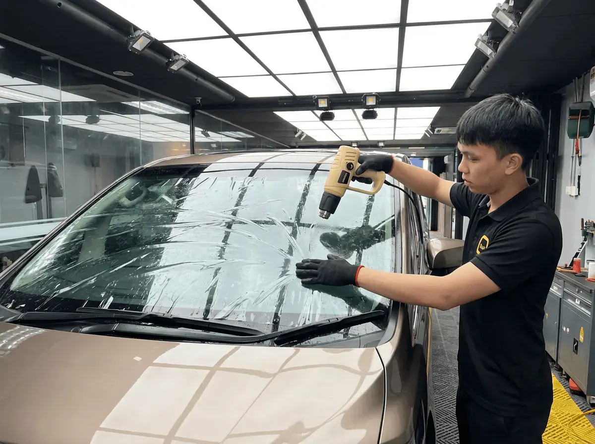 Pengecutan haba terkawal semasa pemasangan tinted pada Toyota Alphard