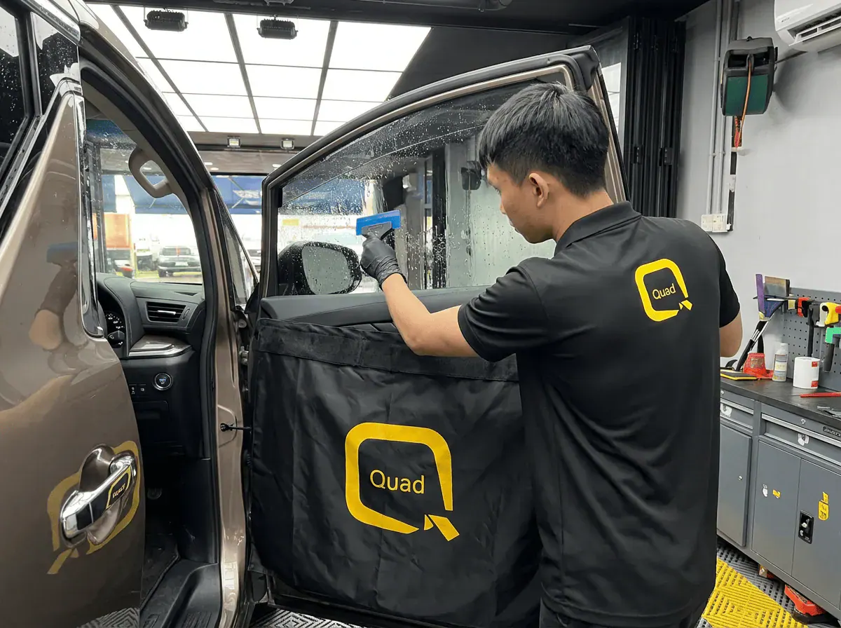 Pemasangan filem dan penyingkiran air semasa pemasangan tinted pada Toyota Alphard