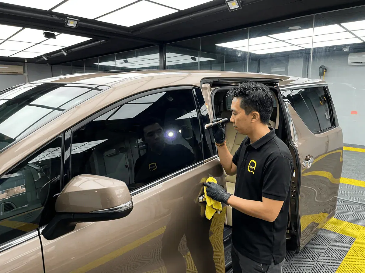 Pemeriksaan kualiti dengan lampu suluh semasa pemasangan tinted pada Toyota Alphard