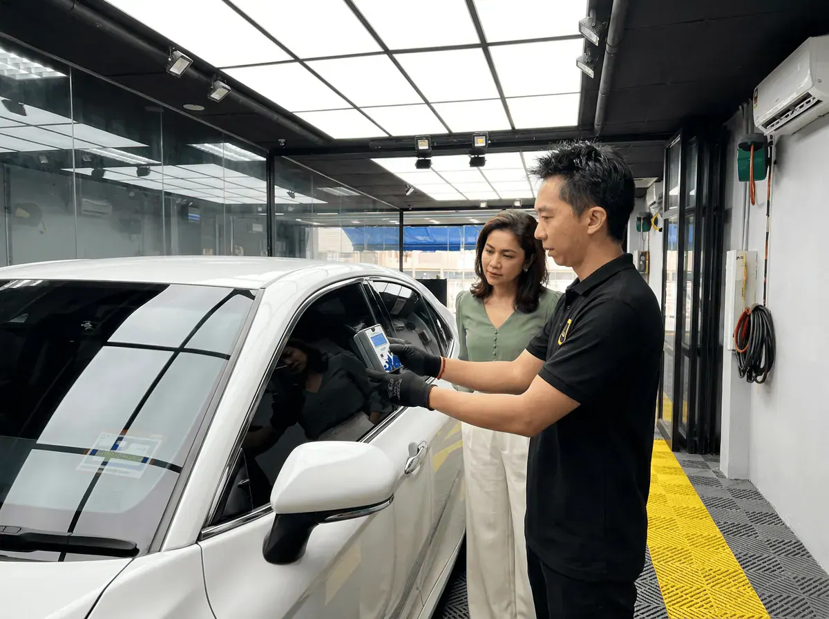 Pemeriksaan cermin dan semakan VLT semasa pemasangan tinted pada Toyota Camry