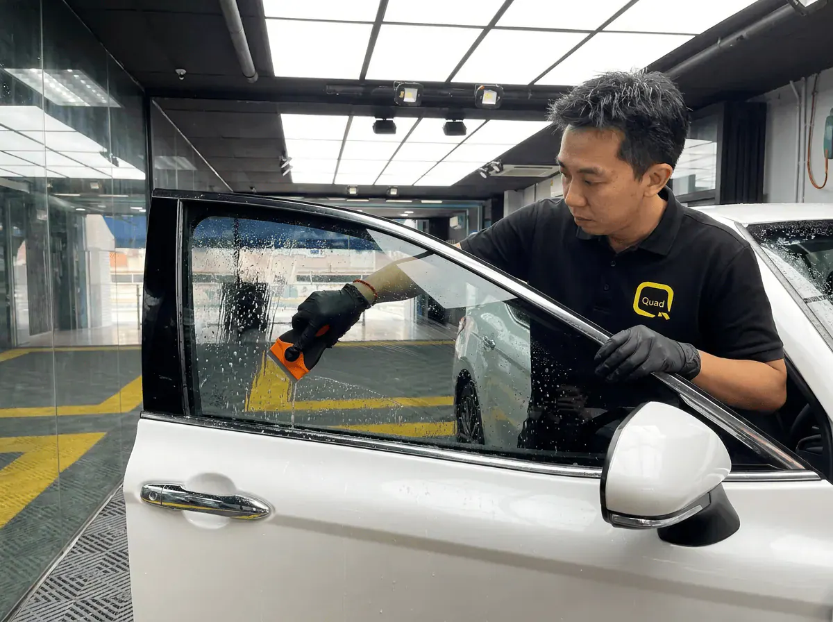 Pembersihan cermin lima peringkat semasa pemasangan tinted pada Toyota Camry