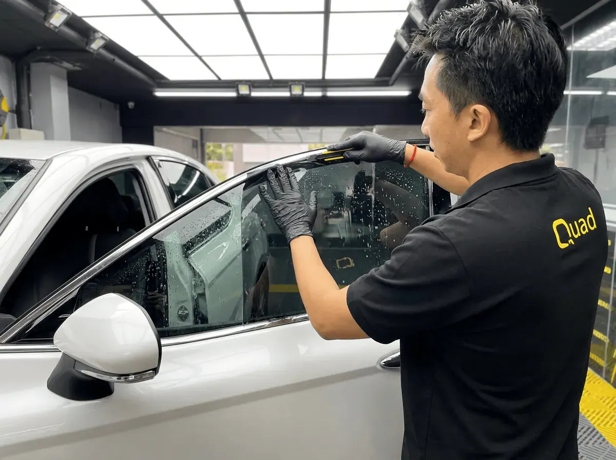 Pemotongan filem tepat semasa pemasangan tinted pada Toyota Camry