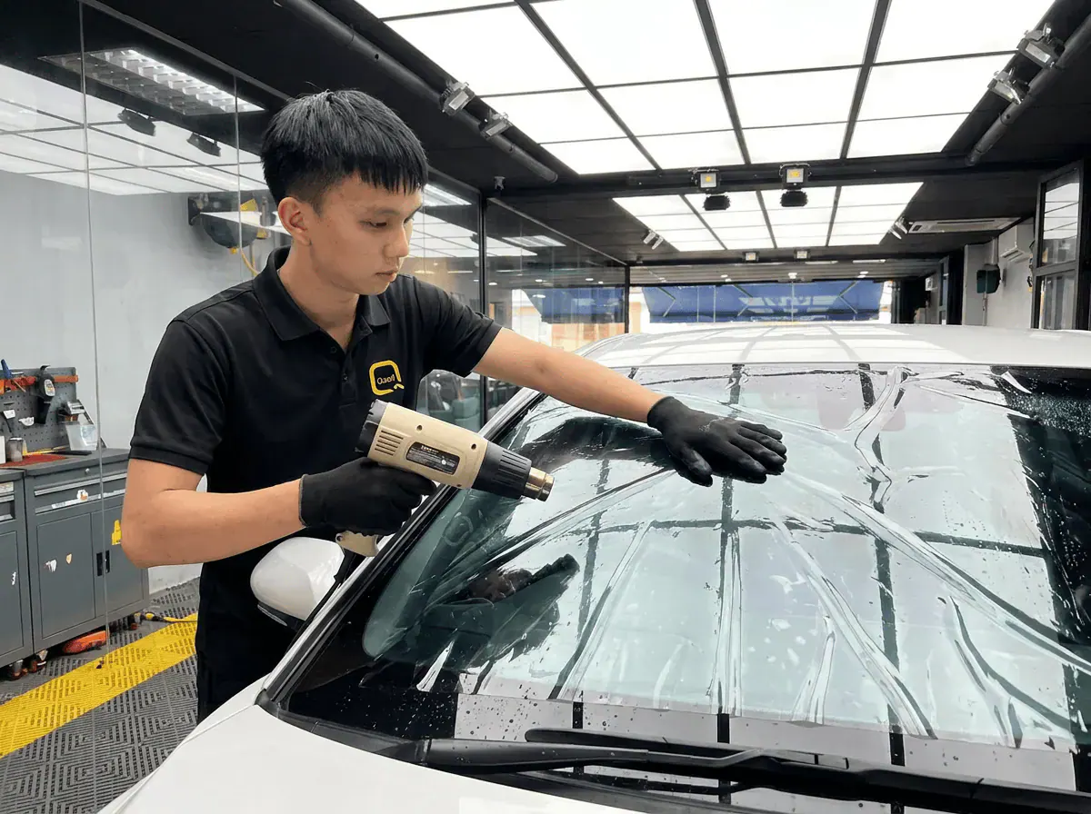 Pengecutan haba terkawal semasa pemasangan tinted pada Toyota Camry