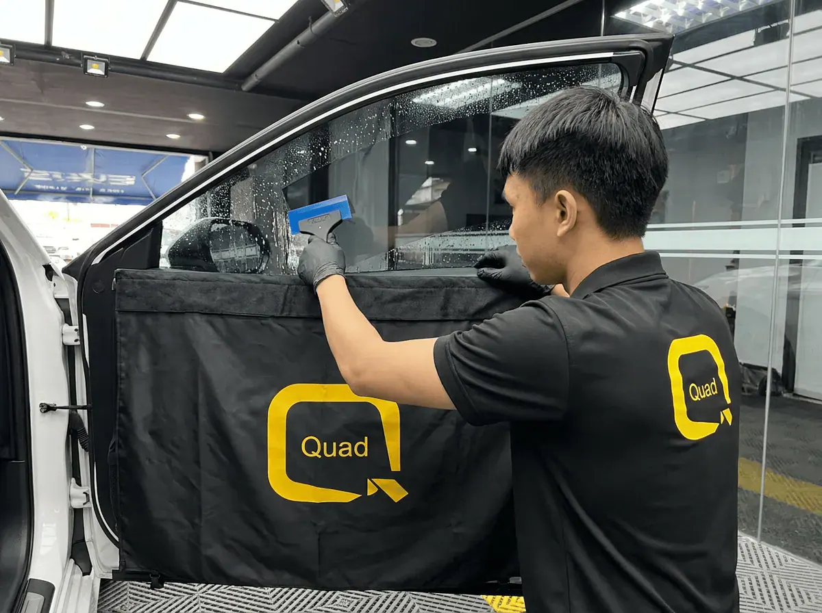 Pemasangan filem dan penyingkiran air semasa pemasangan tinted pada Toyota Camry