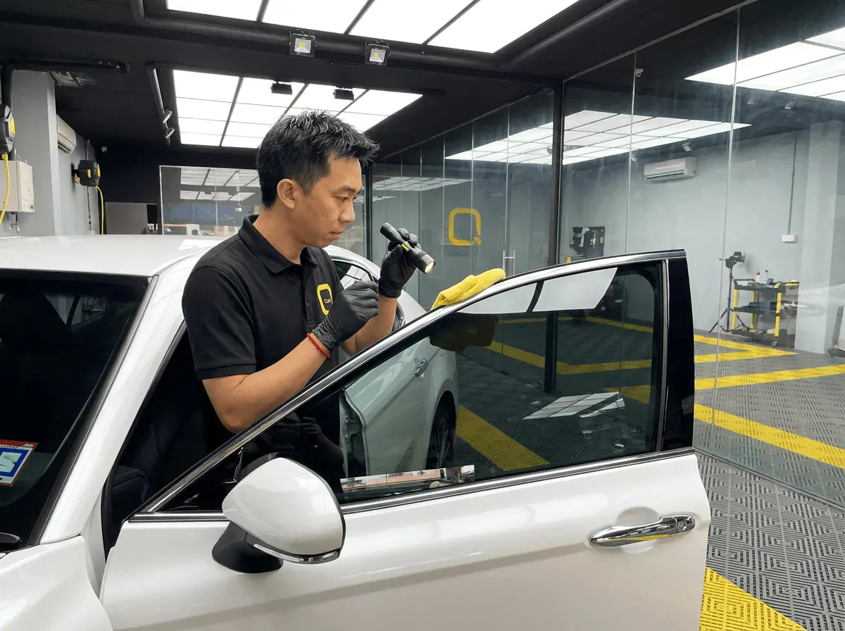 Pemeriksaan kualiti dengan lampu suluh semasa pemasangan tinted pada Toyota Camry