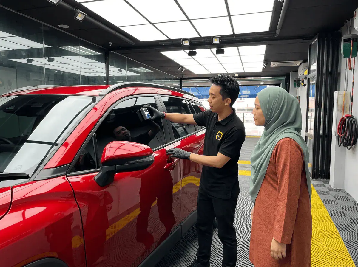 Pemeriksaan cermin dan semakan VLT semasa pemasangan tinted pada Toyota Corolla Cross