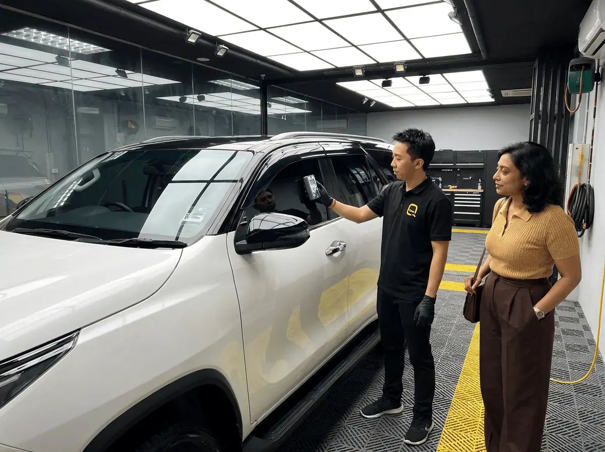 Pemeriksaan cermin dan semakan VLT semasa pemasangan tinted pada Toyota Fortuner