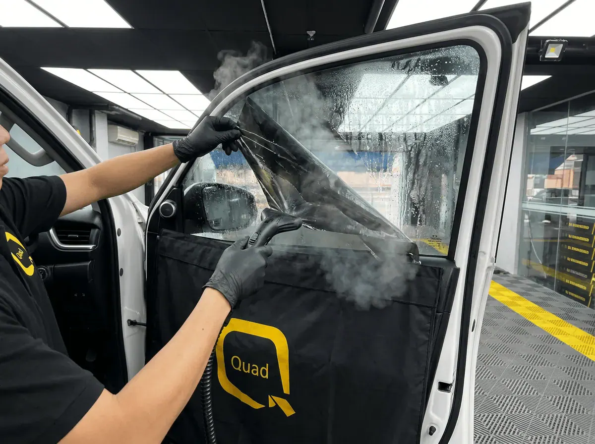 Menanggalkan tinted lama semasa pemasangan tinted pada Toyota Fortuner