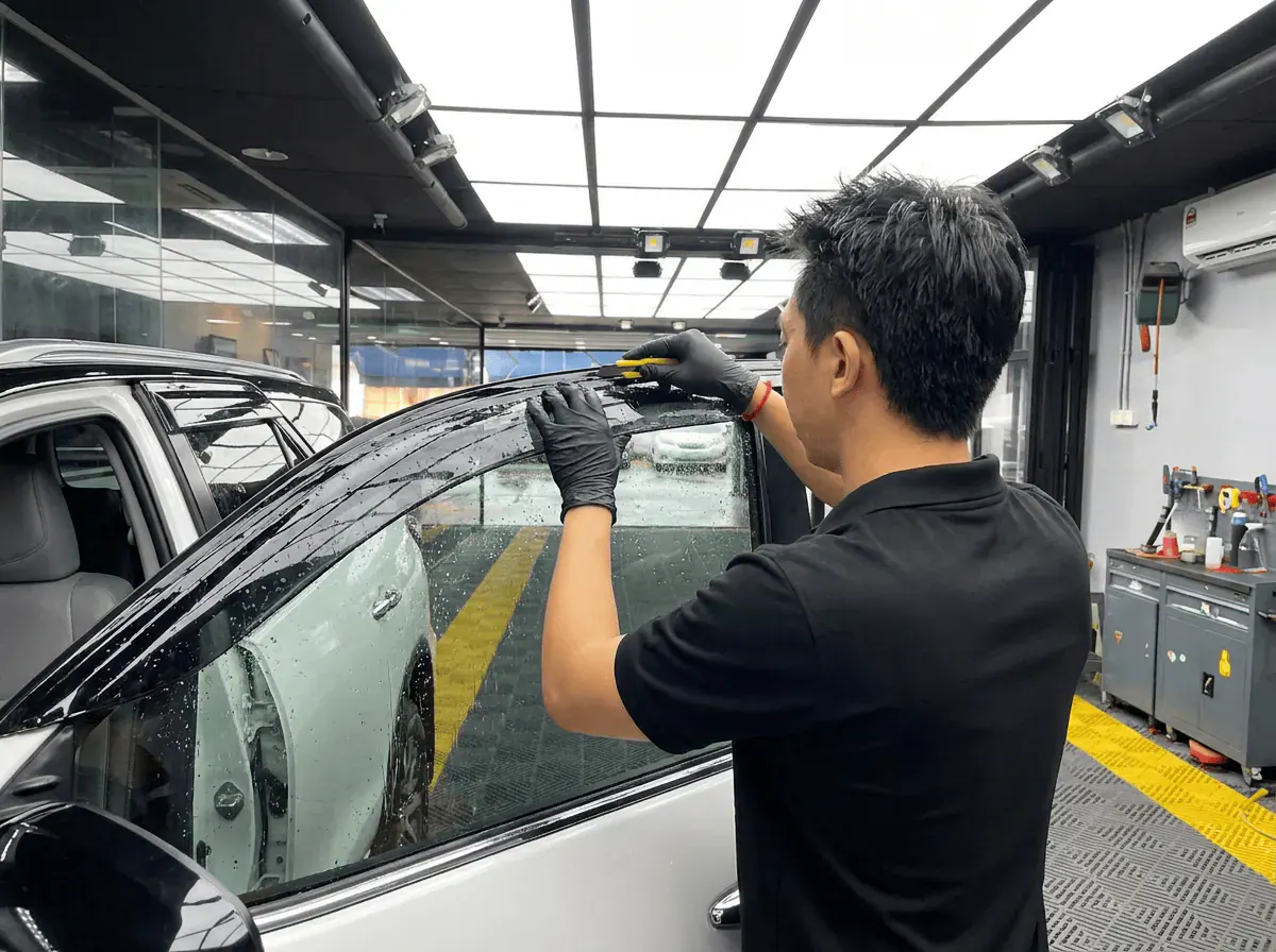 Pemotongan filem tepat semasa pemasangan tinted pada Toyota Fortuner
