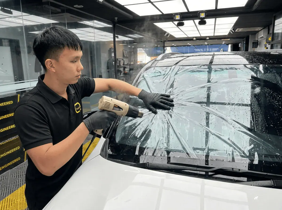 Pengecutan haba terkawal semasa pemasangan tinted pada Toyota Fortuner