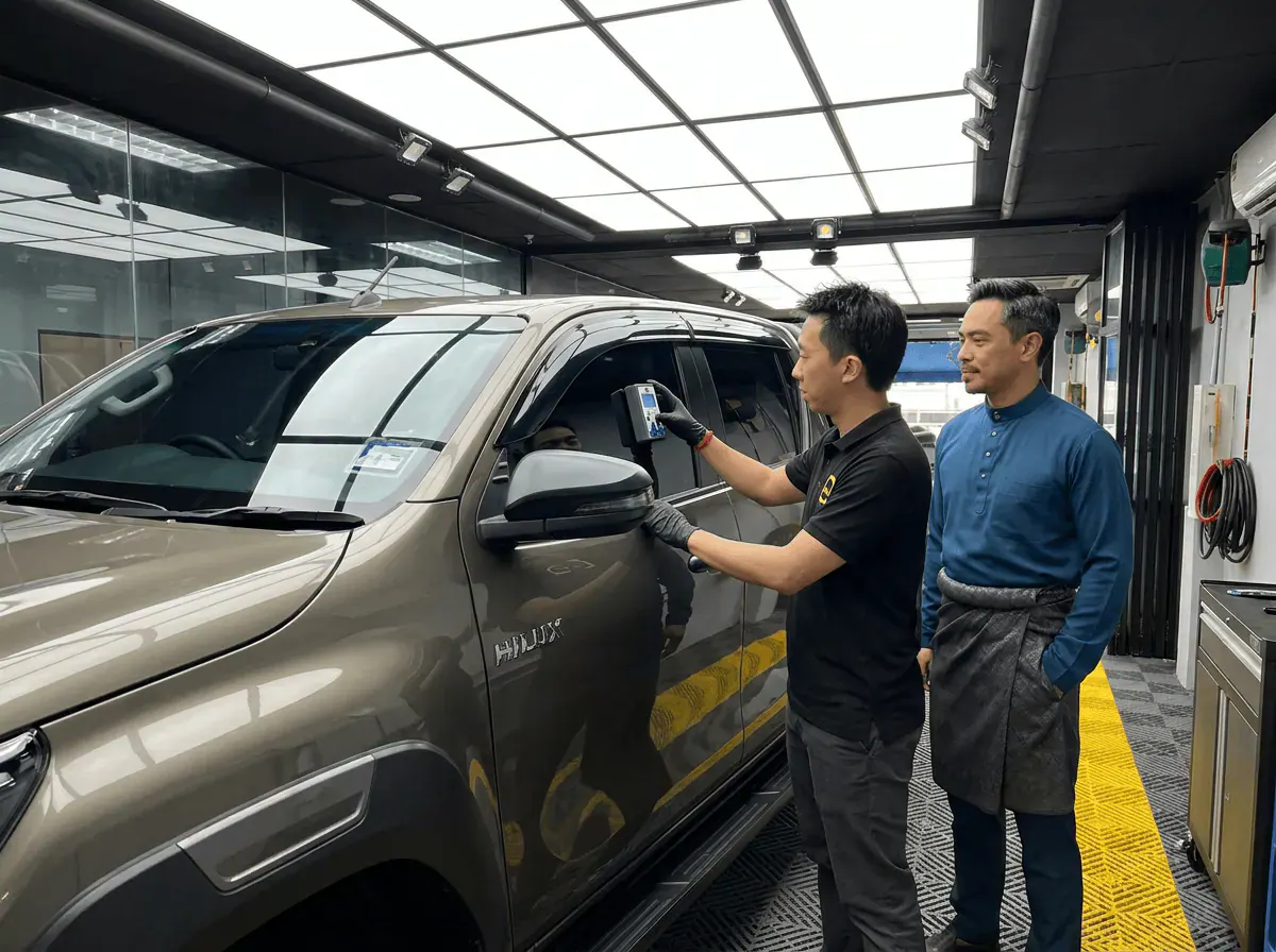 Pemeriksaan cermin dan semakan VLT semasa pemasangan tinted pada Toyota Hilux