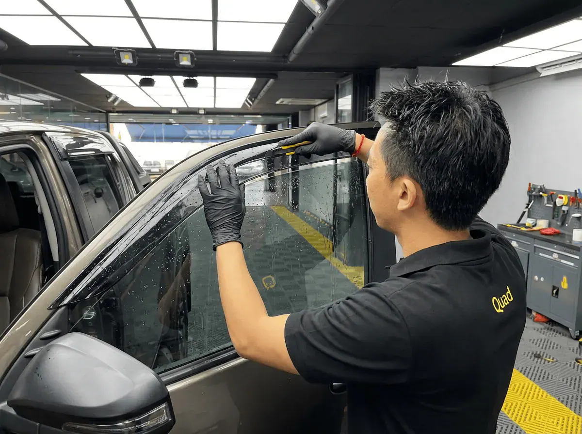 Pemotongan filem tepat semasa pemasangan tinted pada Toyota Hilux
