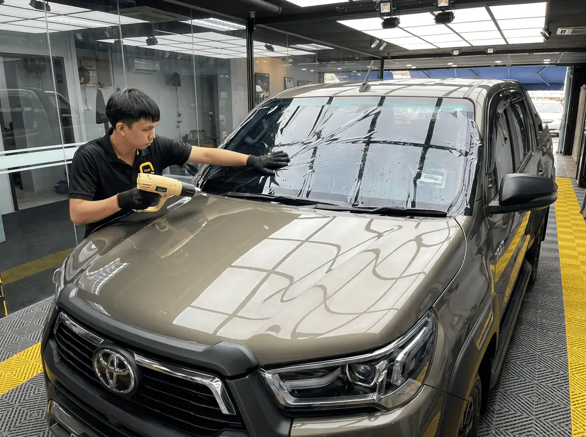 Pengecutan haba terkawal semasa pemasangan tinted pada Toyota Hilux