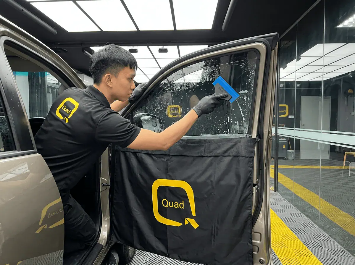 Pemasangan filem dan penyingkiran air semasa pemasangan tinted pada Toyota Hilux
