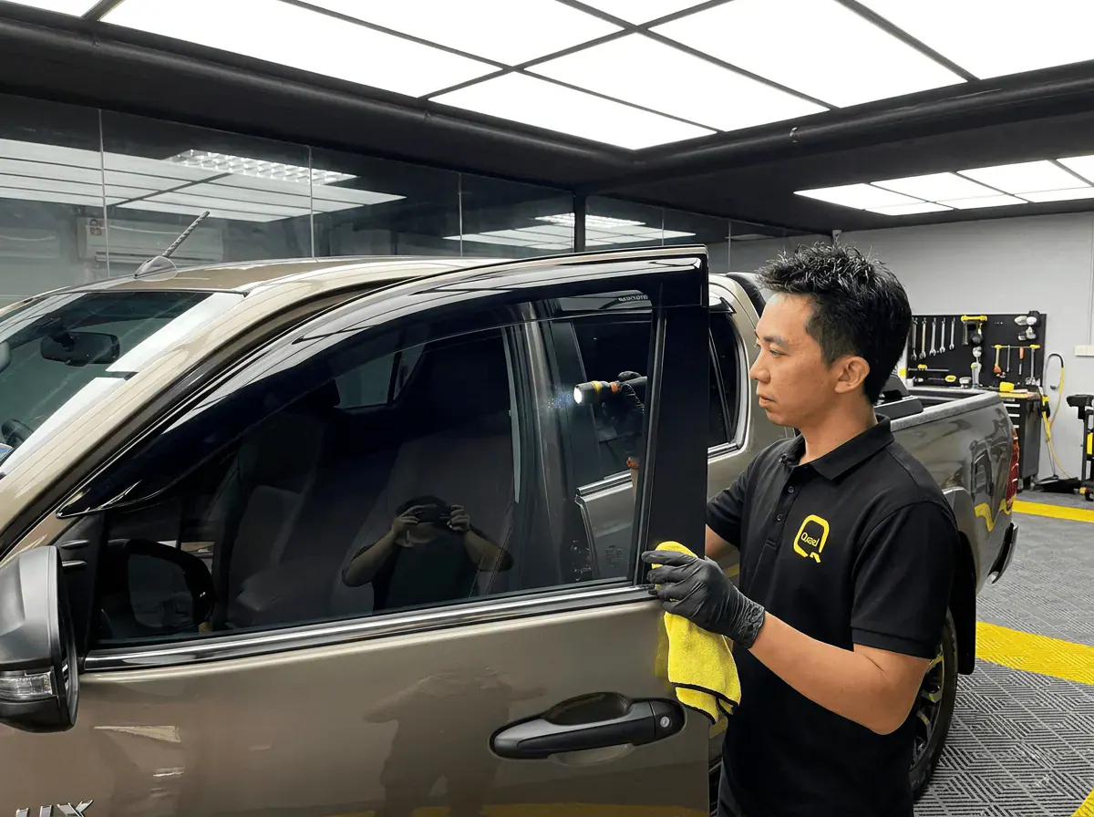 Pemeriksaan kualiti dengan lampu suluh semasa pemasangan tinted pada Toyota Hilux