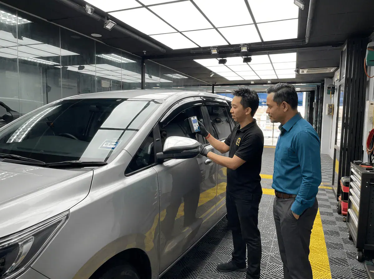 Pemeriksaan cermin dan semakan VLT semasa pemasangan tinted pada Toyota Innova