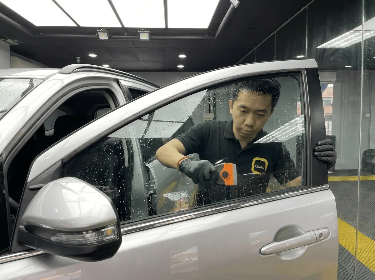 Pembersihan cermin lima peringkat semasa pemasangan tinted pada Toyota Innova