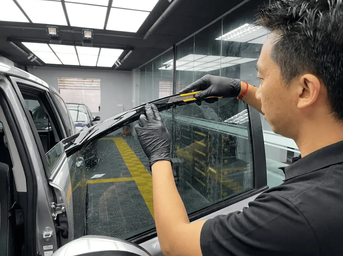 Pemotongan filem tepat semasa pemasangan tinted pada Toyota Innova