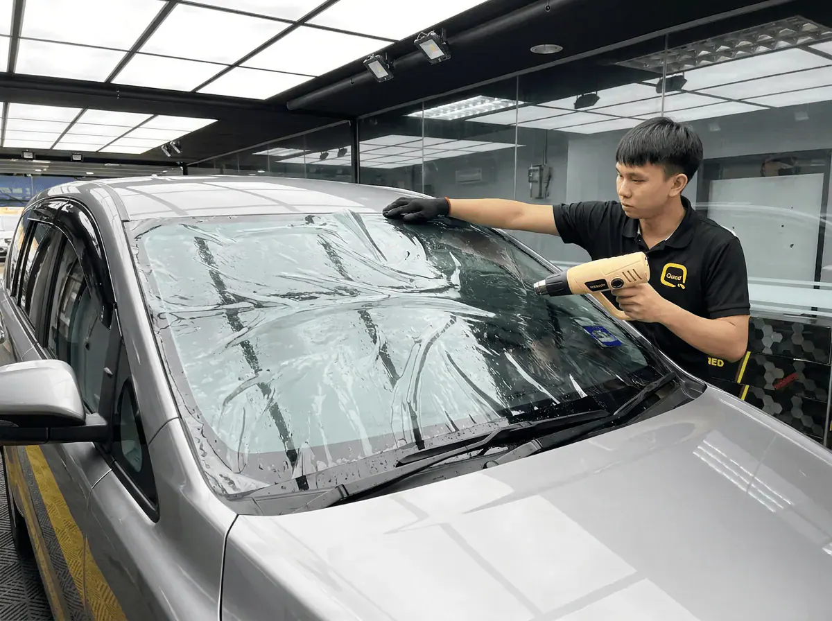 Pengecutan haba terkawal semasa pemasangan tinted pada Toyota Innova