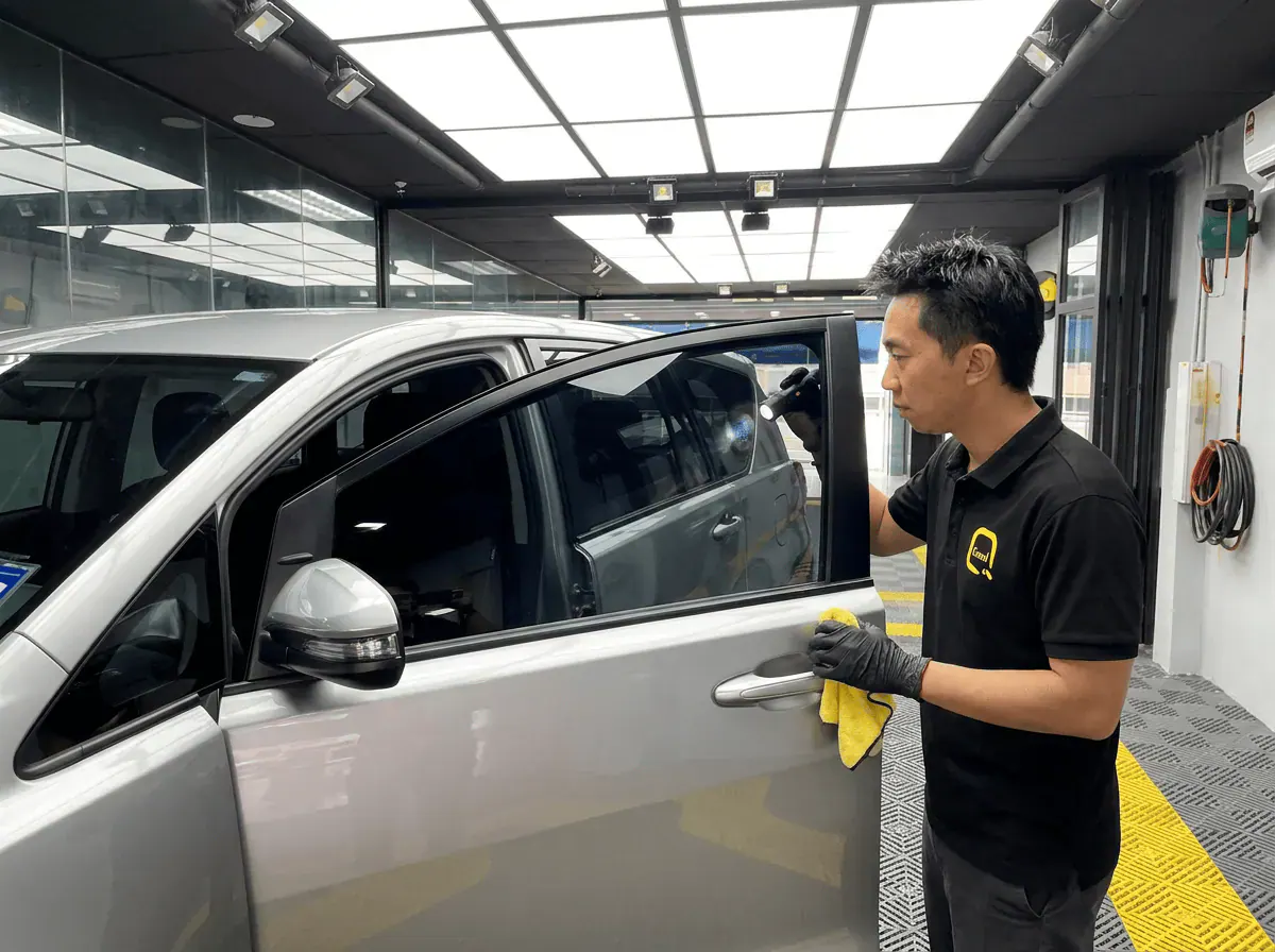 Pemeriksaan kualiti dengan lampu suluh semasa pemasangan tinted pada Toyota Innova