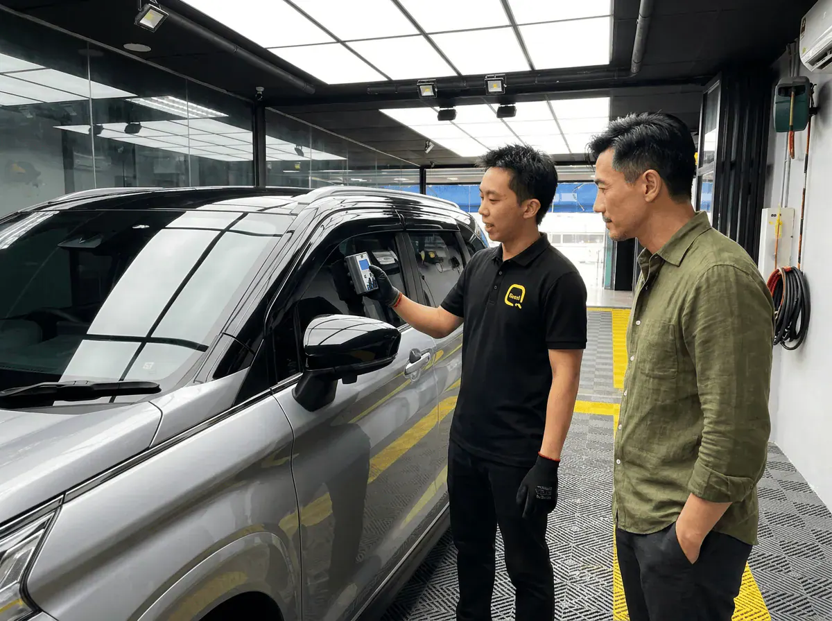 Pemeriksaan cermin dan semakan VLT semasa pemasangan tinted pada Toyota Veloz