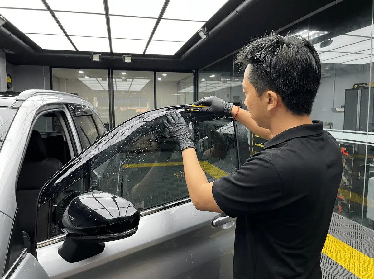 Pemotongan filem tepat semasa pemasangan tinted pada Toyota Veloz