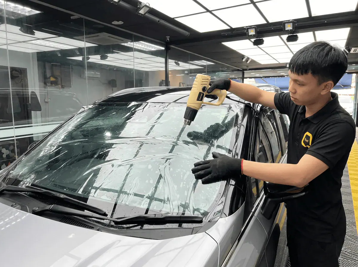 Pengecutan haba terkawal semasa pemasangan tinted pada Toyota Veloz