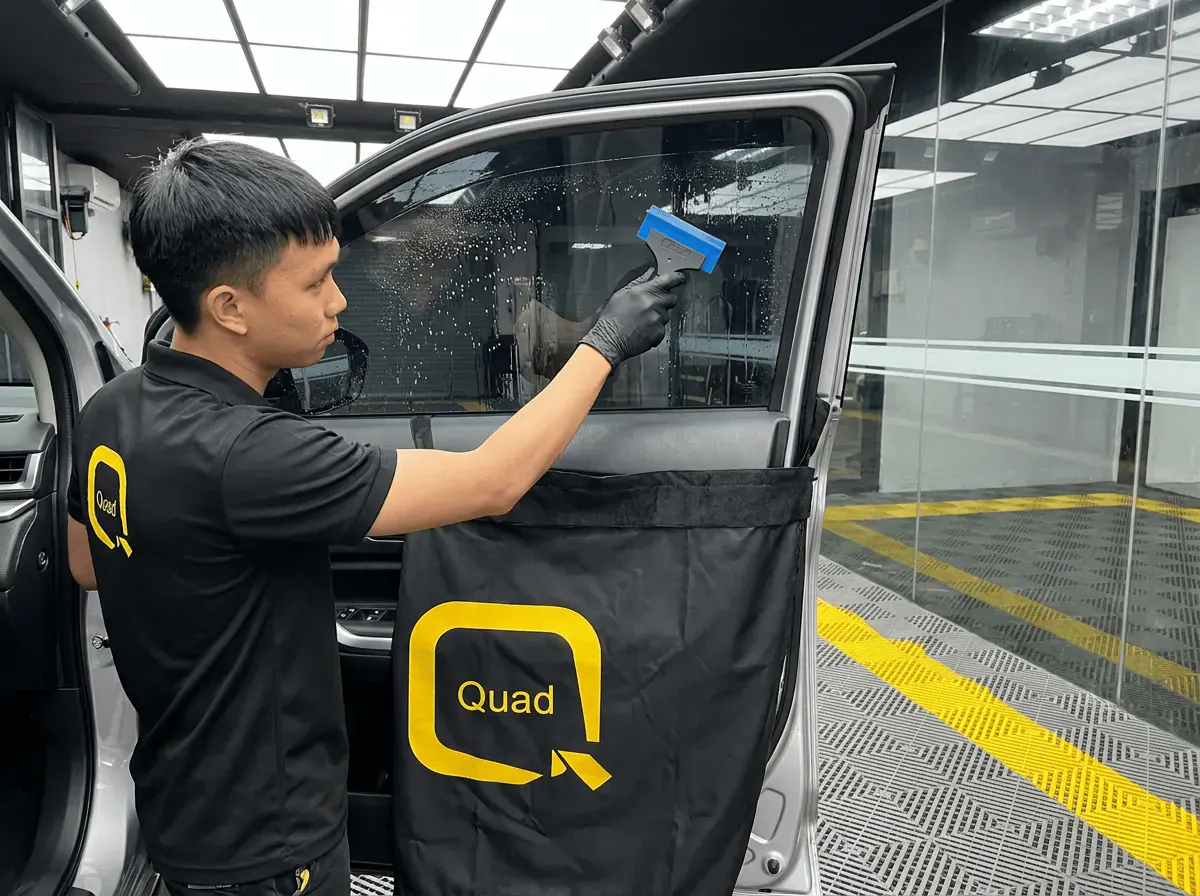 Pemasangan filem dan penyingkiran air semasa pemasangan tinted pada Toyota Veloz
