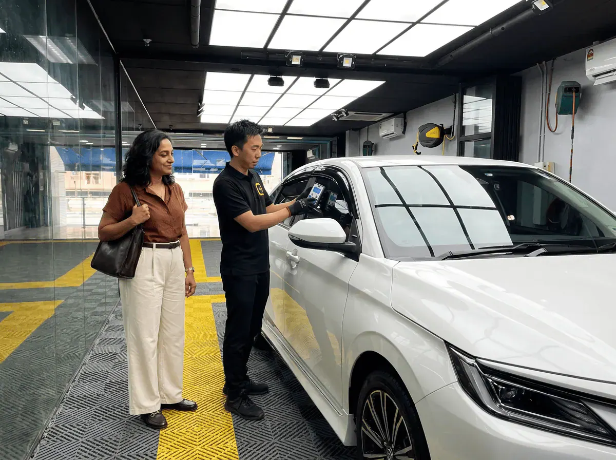 Pemeriksaan cermin dan semakan VLT semasa pemasangan tinted pada Toyota Vios