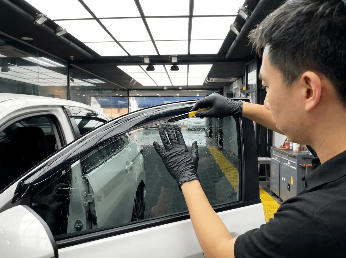 Pemotongan filem tepat semasa pemasangan tinted pada Toyota Vios