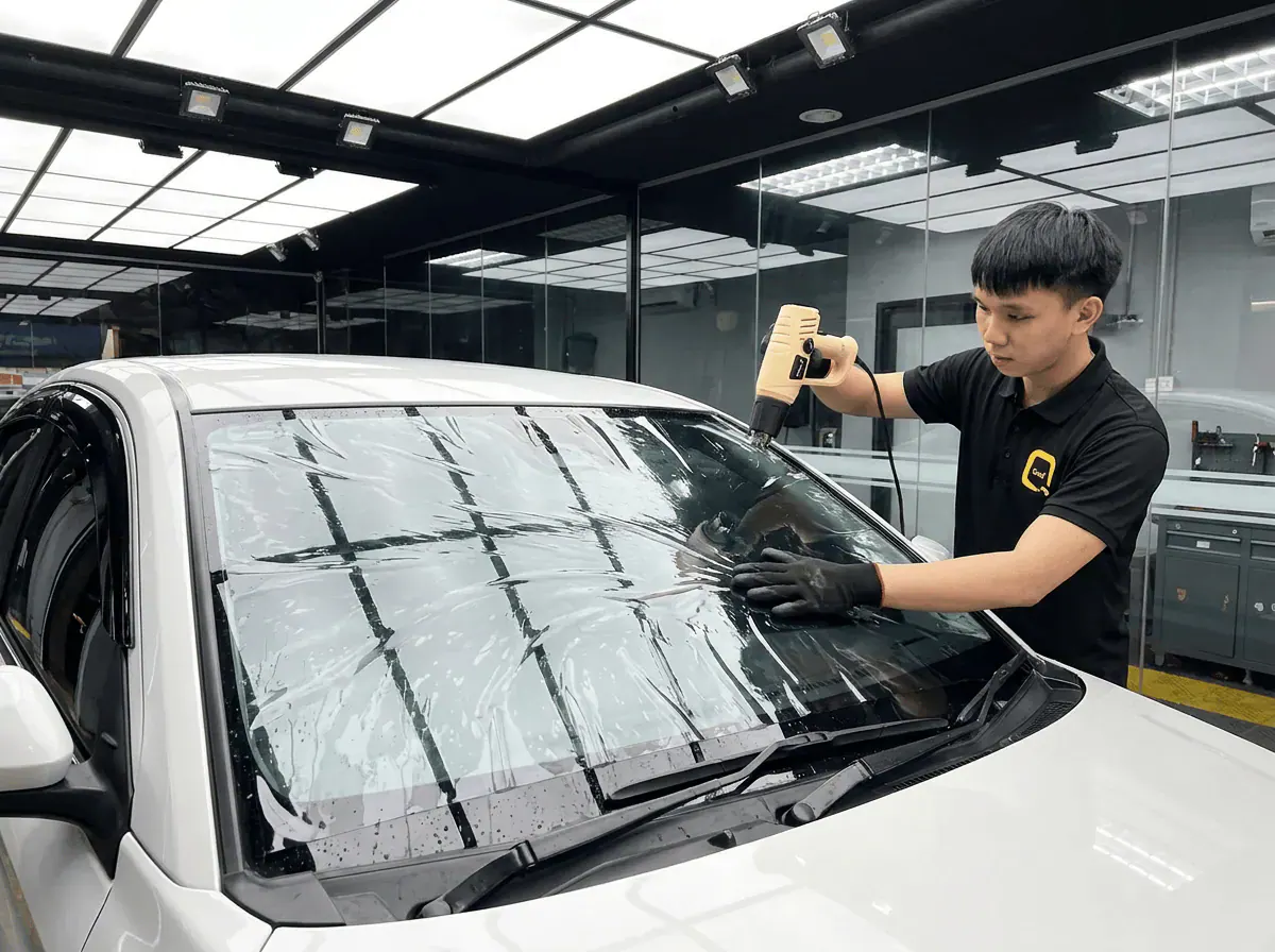 Pengecutan haba terkawal semasa pemasangan tinted pada Toyota Vios