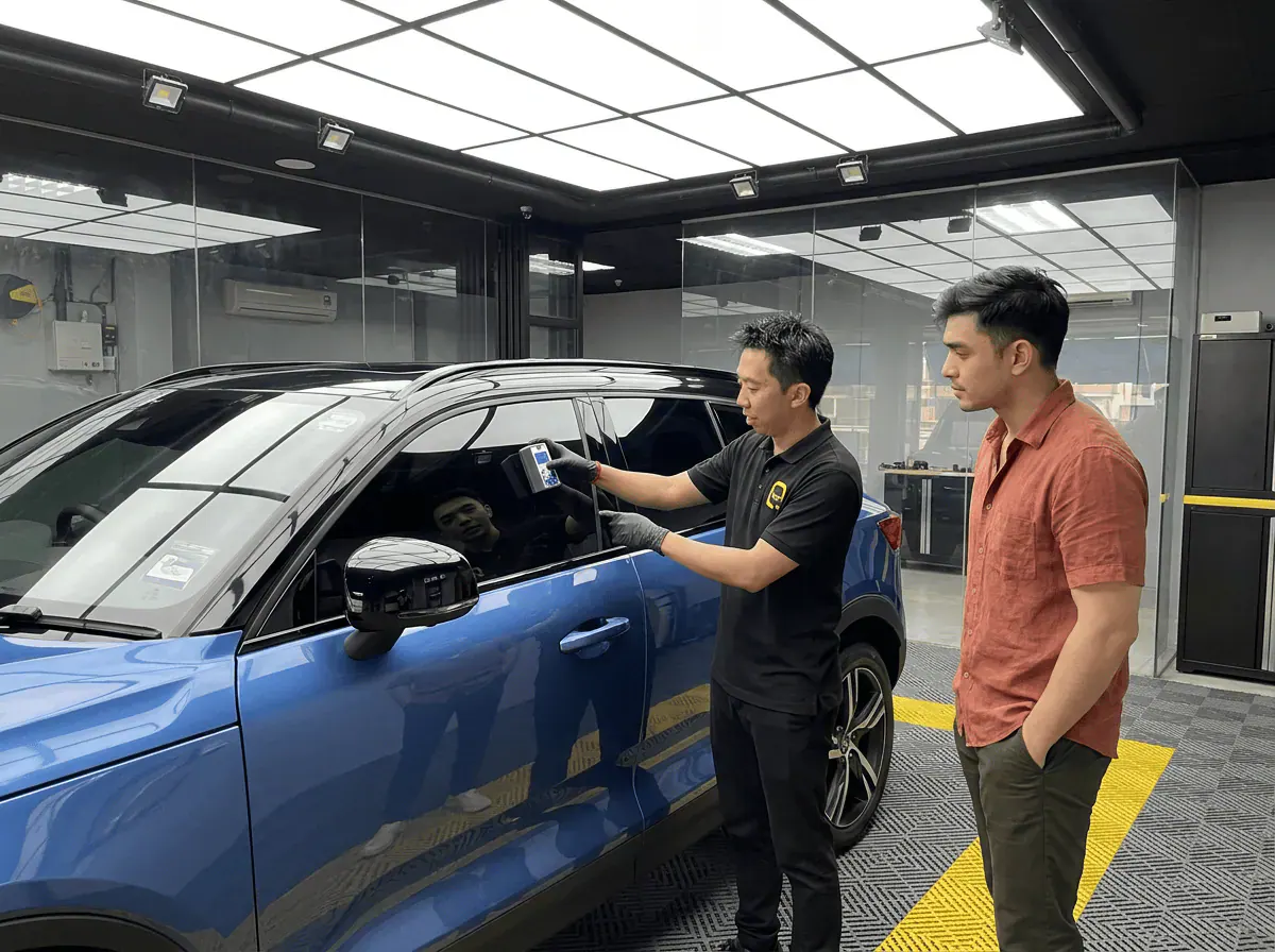 Pemeriksaan cermin dan semakan VLT semasa pemasangan tinted pada Volvo XC40