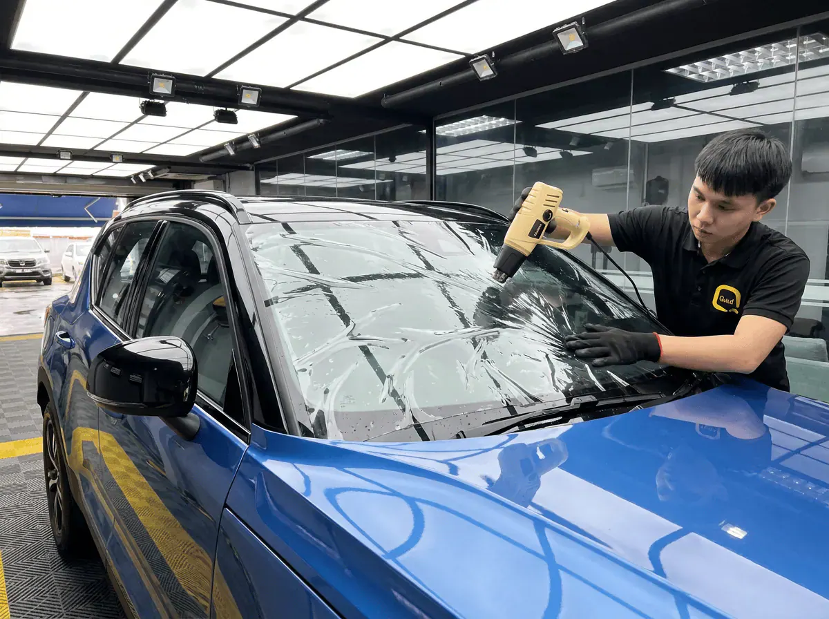 Pengecutan haba terkawal semasa pemasangan tinted pada Volvo XC40