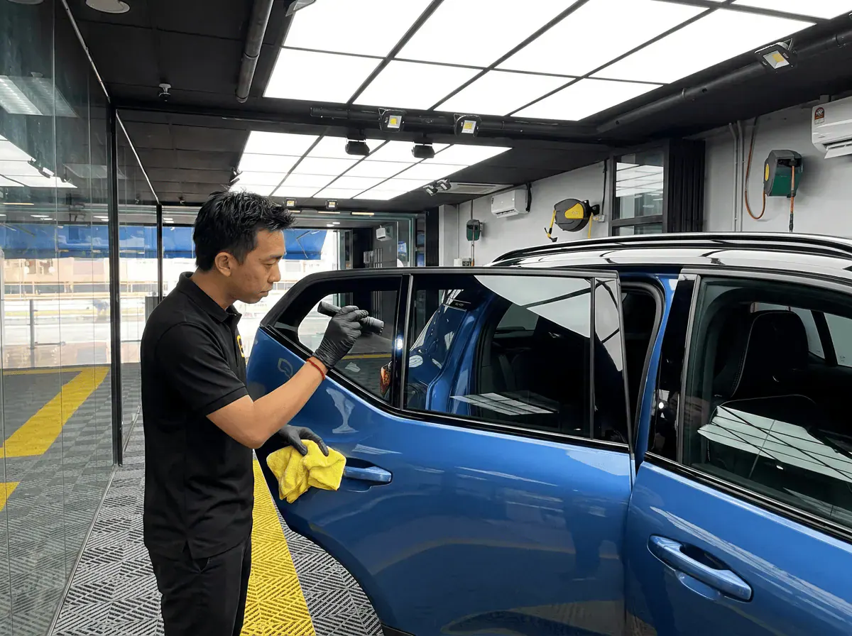 Pemeriksaan kualiti dengan lampu suluh semasa pemasangan tinted pada Volvo XC40