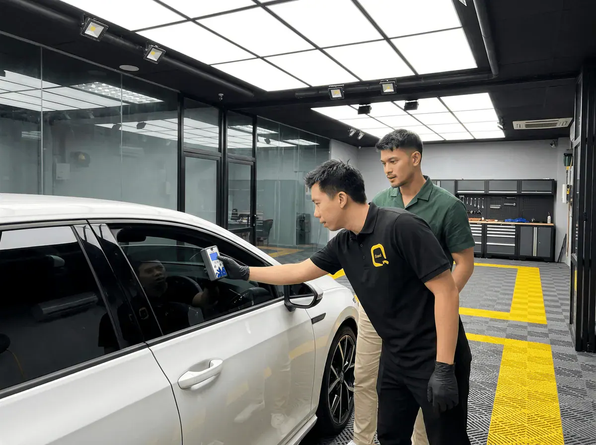 Pemeriksaan cermin dan semakan VLT semasa pemasangan tinted pada Volkswagen Golf