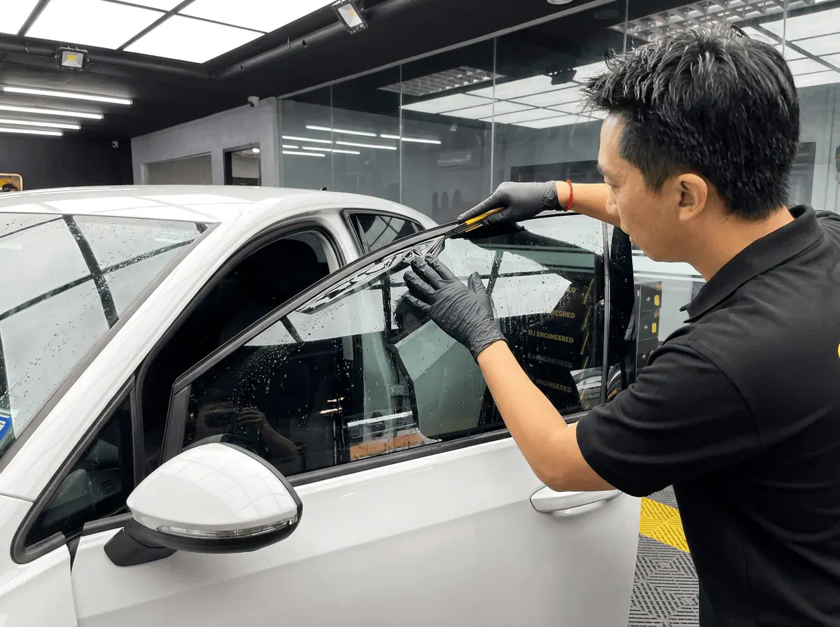 Pemotongan filem tepat semasa pemasangan tinted pada Volkswagen Golf