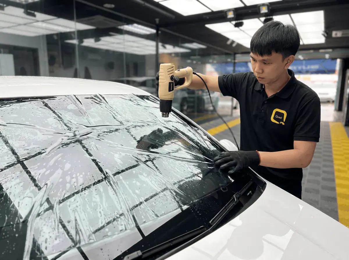 Pengecutan haba terkawal semasa pemasangan tinted pada Volkswagen Golf