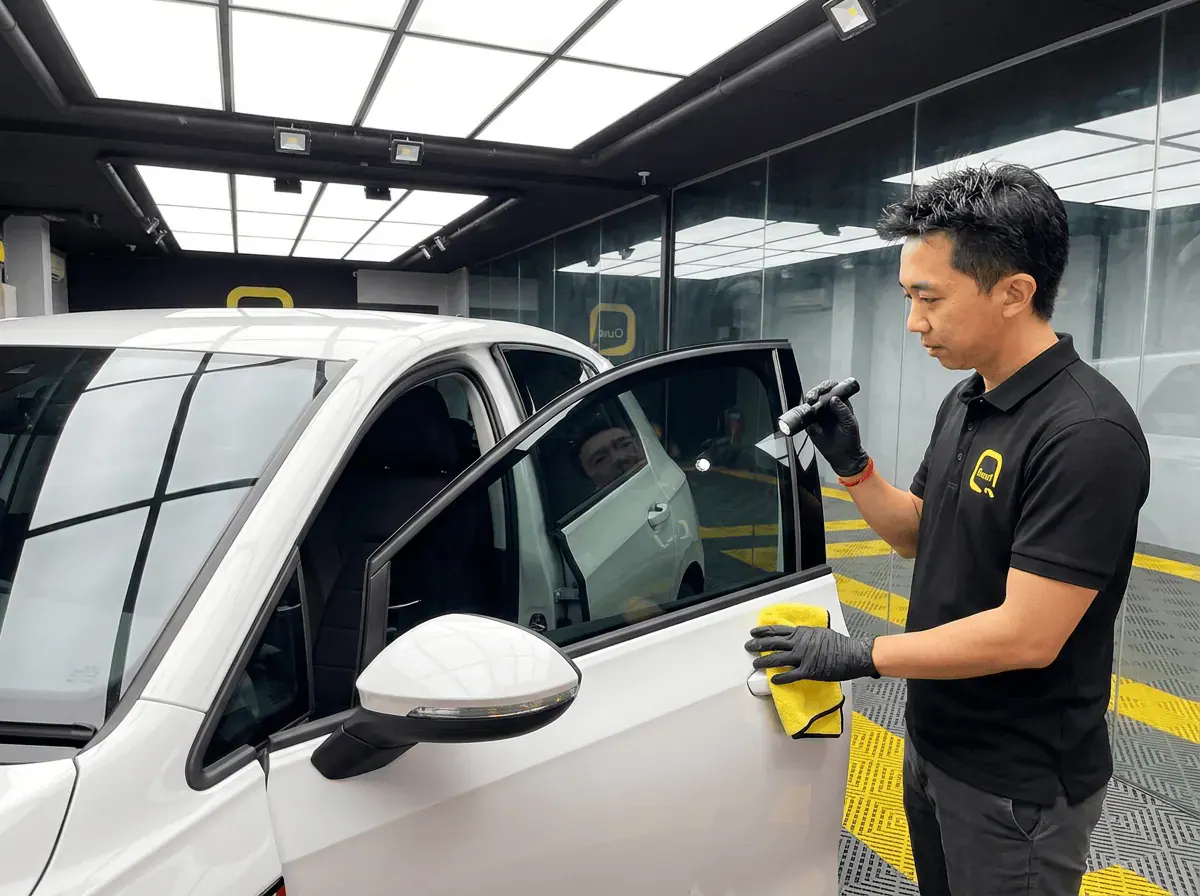 Pemeriksaan kualiti dengan lampu suluh semasa pemasangan tinted pada Volkswagen Golf