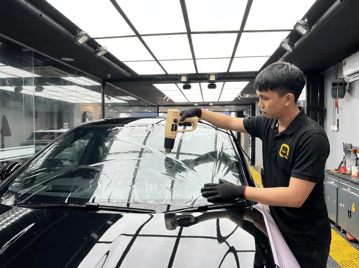 Pengecutan haba terkawal semasa pemasangan tinted pada Zeekr X