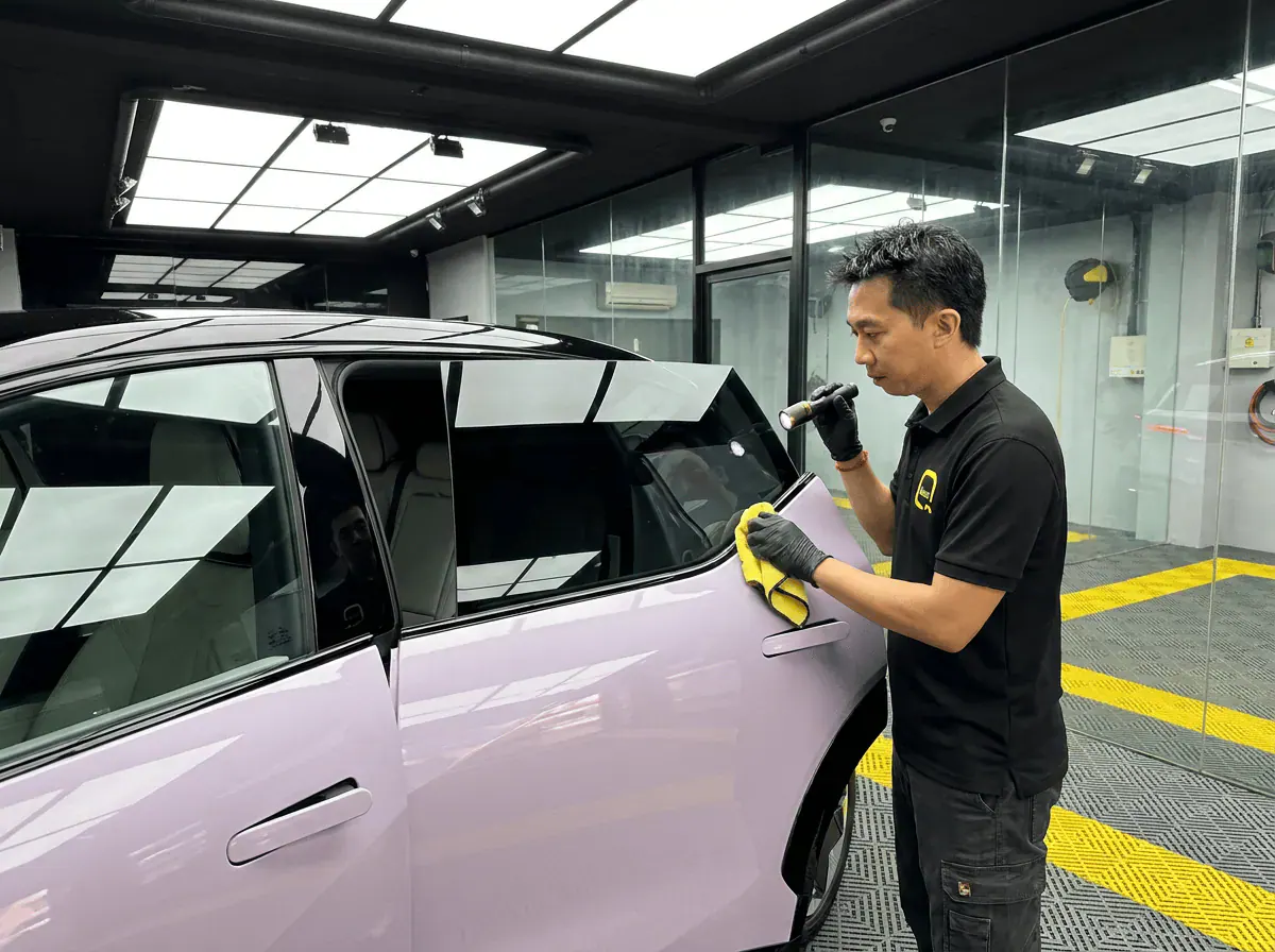 Pemeriksaan kualiti dengan lampu suluh semasa pemasangan tinted pada Zeekr X