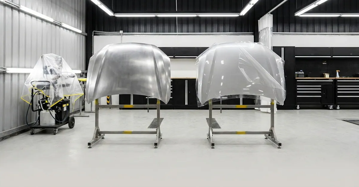 Spray-on PPF and sheet PPF shown on two separate sample panels.