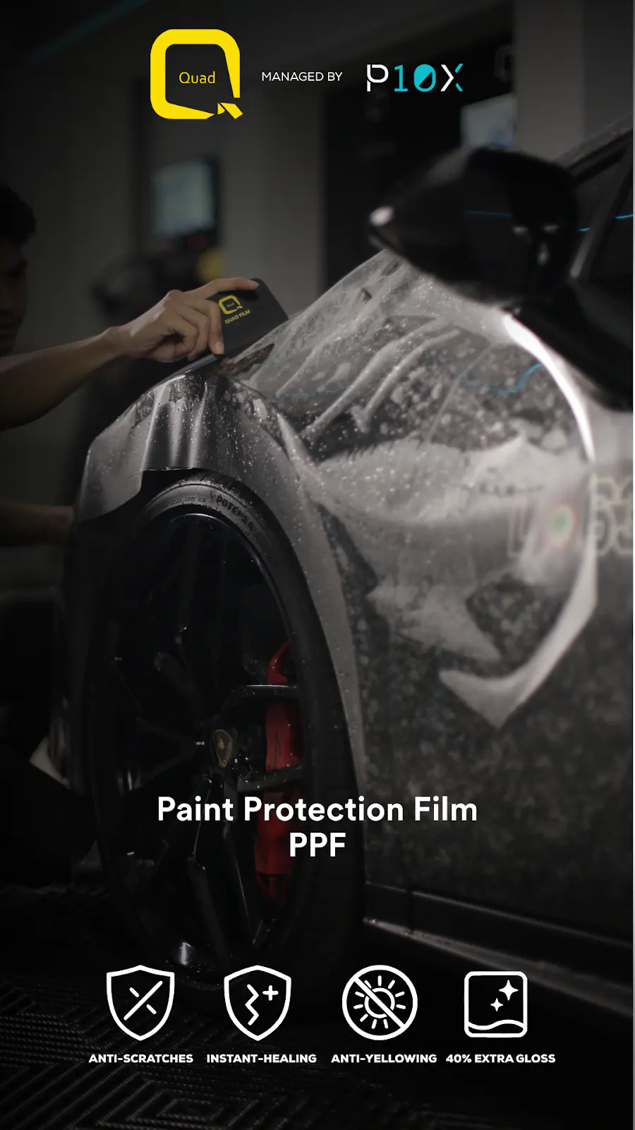 Quad Film paint protection film benefits graphic setting out what the film guards against on a daily-driven car