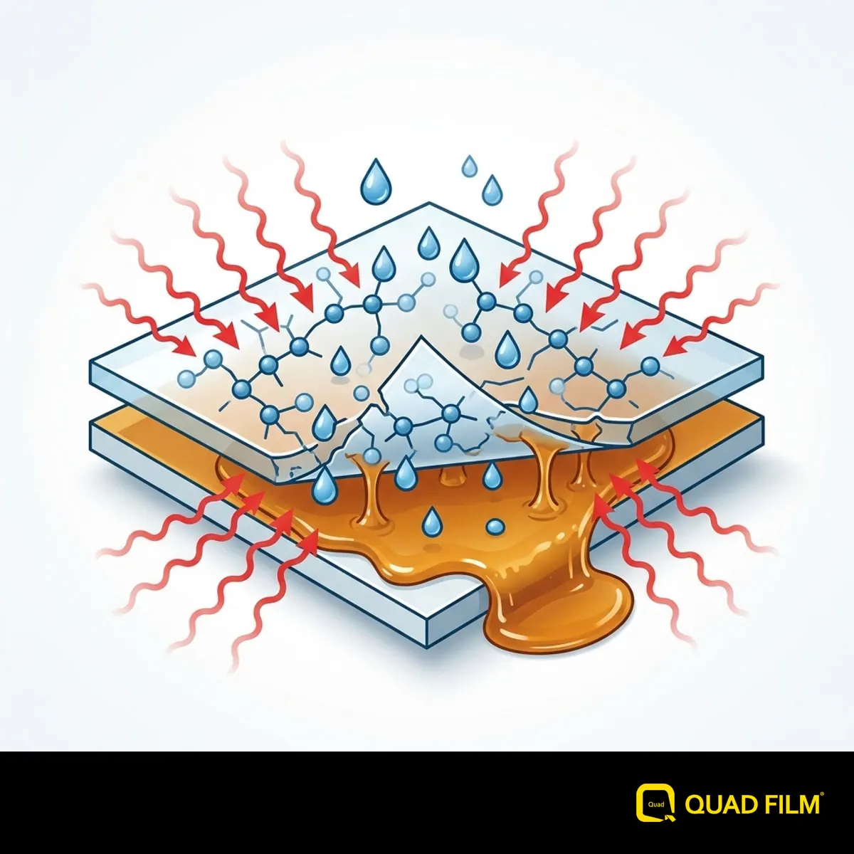 PPF hydrolysis process diagram showing moisture and heat breaking down cheap film into sticky glue.