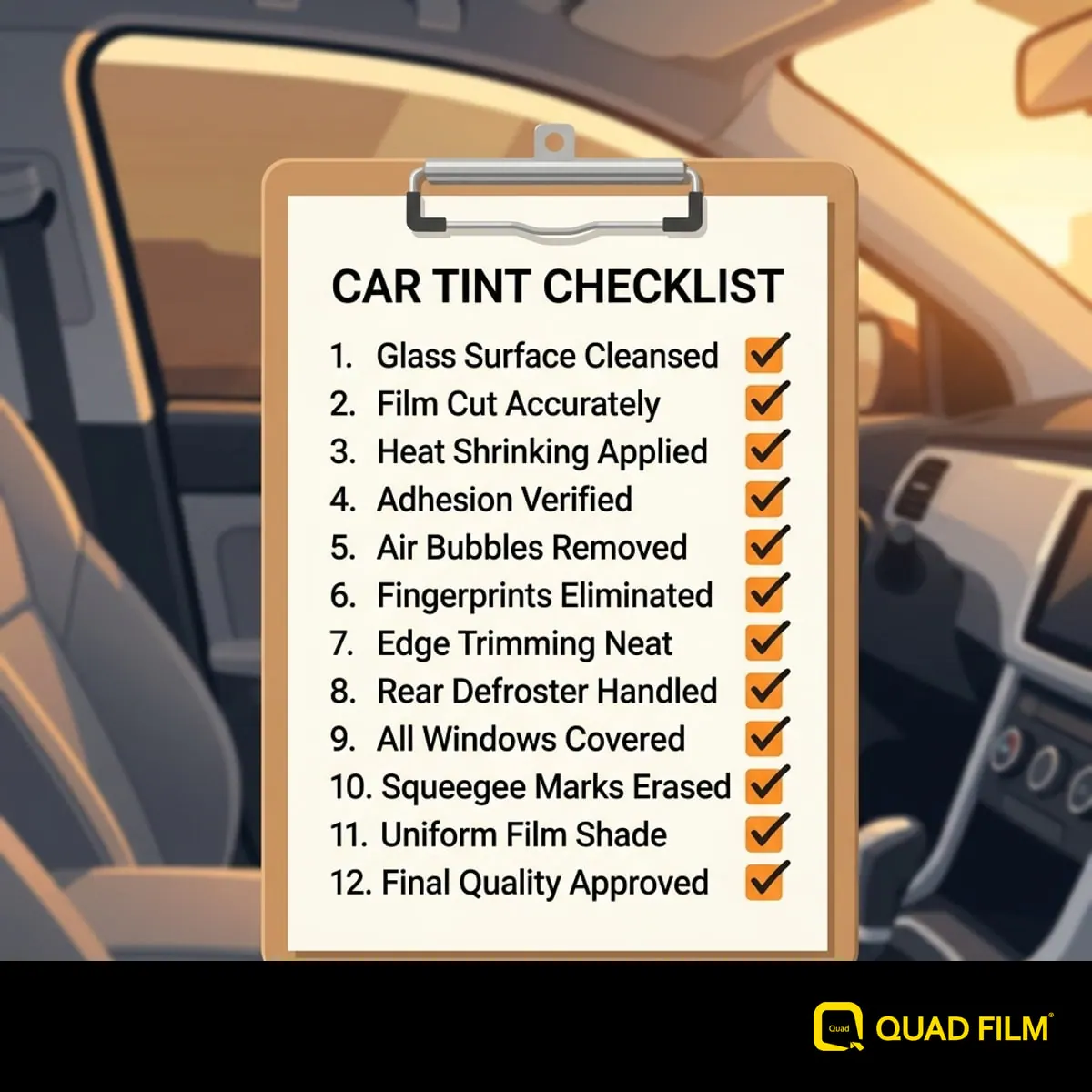 "Twelve point car tint checklist before payment in Malaysia."