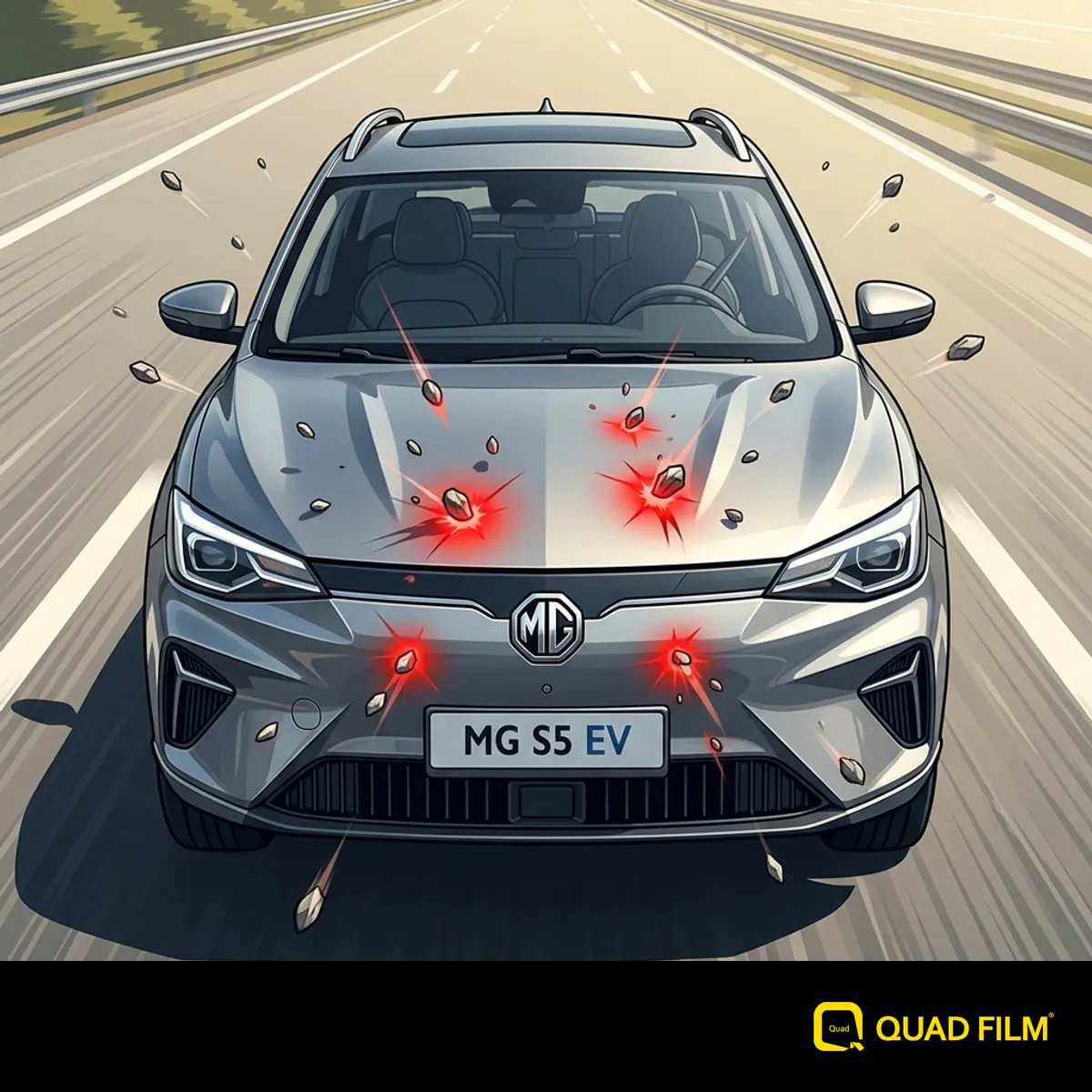 "Highway stone chips striking the front of the MG S5 EV."