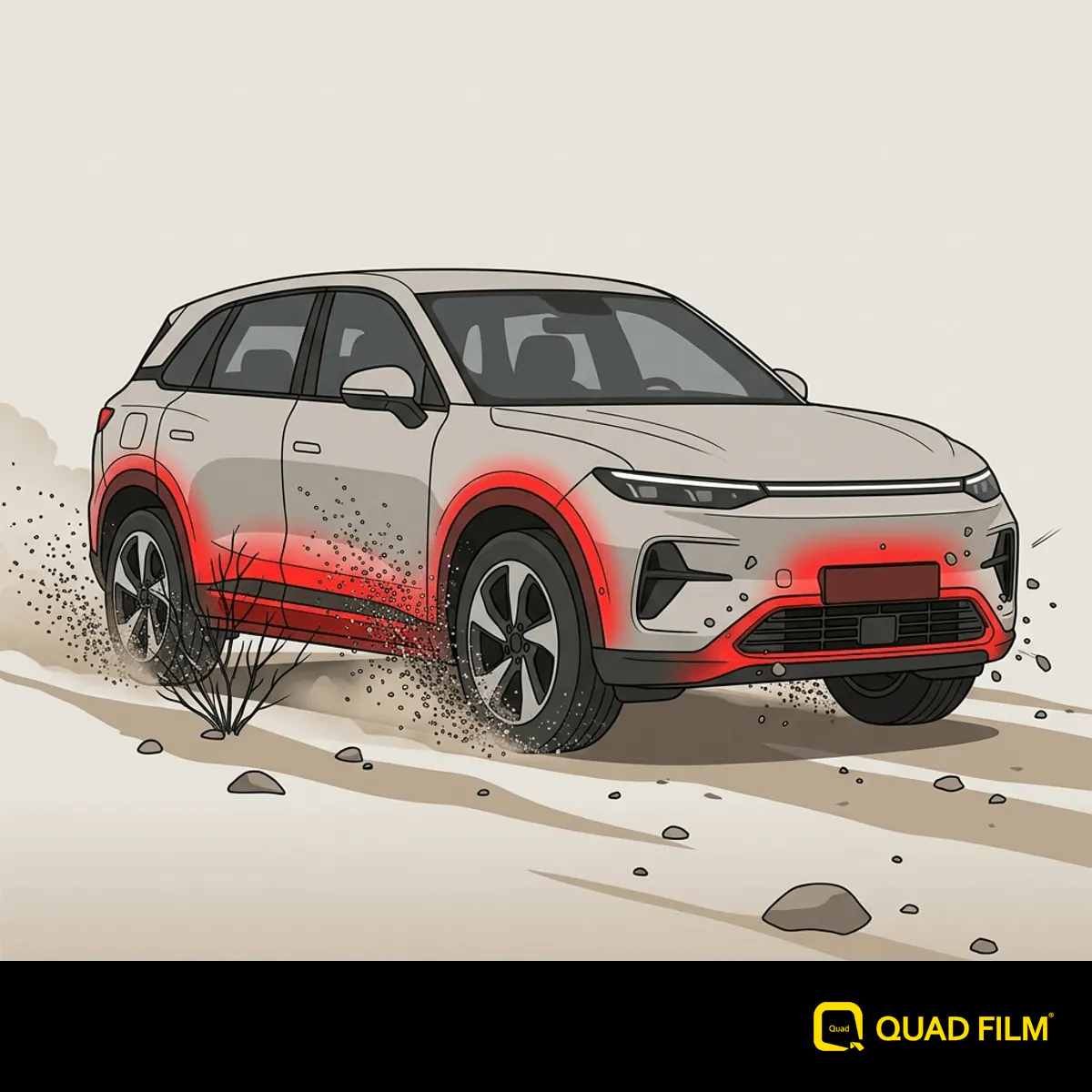 "Off-road debris threats across the iCaur 03 body panels."