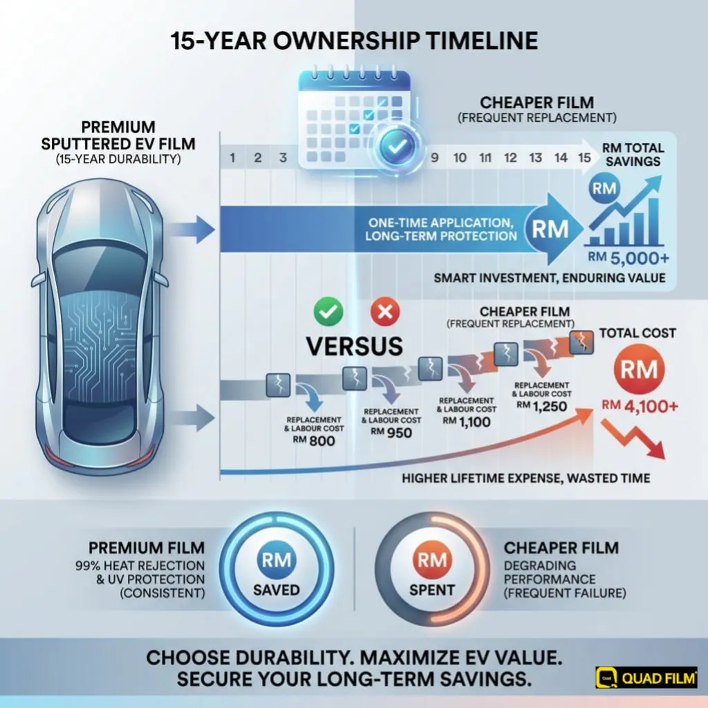 "Long-life sputtered film lowering total tint cost over an EV ownership period."
